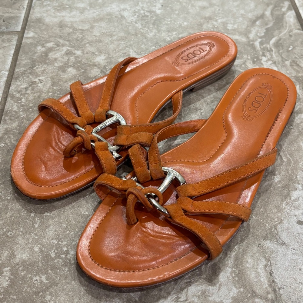 Tods Orange Leather Suede T Logo Strappy Flat Sandals Size 7 Made in Italy